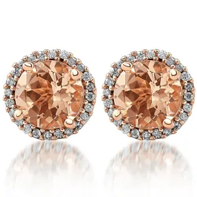 1 1/2 Ct Diamond & Morganite Rose Gold Halo Studs Screw Back Earrings Rose Gold