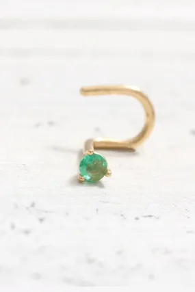 14K 18K Solid Gold Three Prongs Natural Genuine Emerald Nose Stud Nostril Screw Piercing