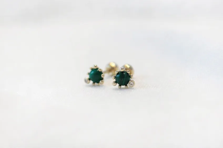 14K Solid Gold Gemstone Malachite Tragus Cartilage Helix Conch Earring Barbell Piercing Stud