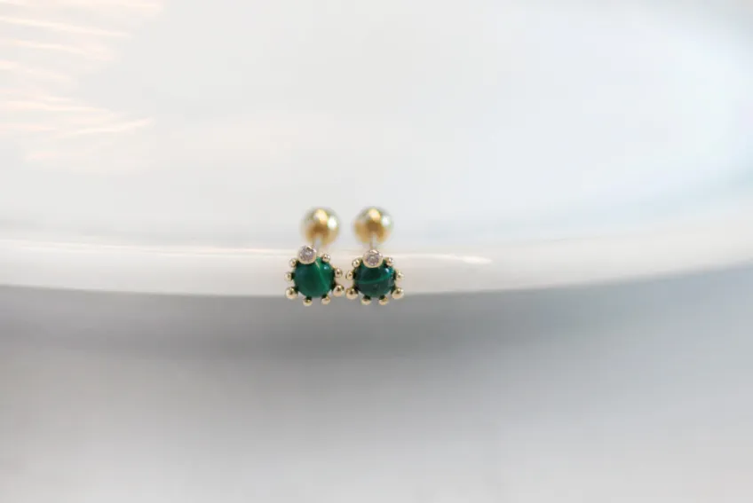 14K Solid Gold Gemstone Malachite Tragus Cartilage Helix Conch Earring Barbell Piercing Stud