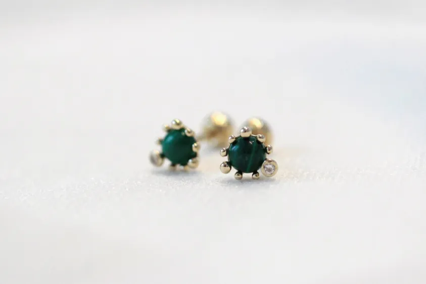 14K Solid Gold Gemstone Malachite Tragus Cartilage Helix Conch Earring Barbell Piercing Stud