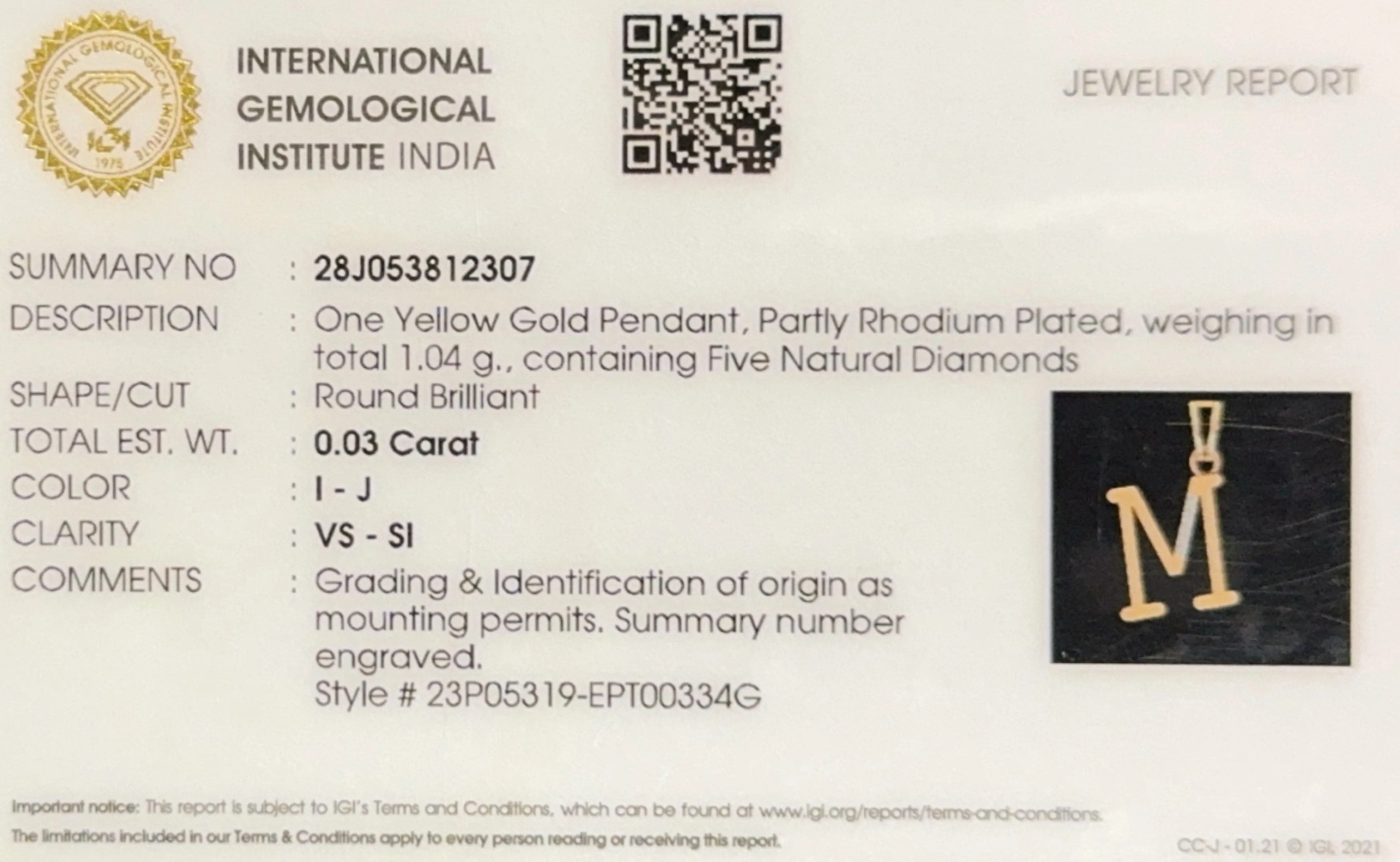 18K solid Yellow gold natural diamonds M letter with IGI Certificate FREE chain