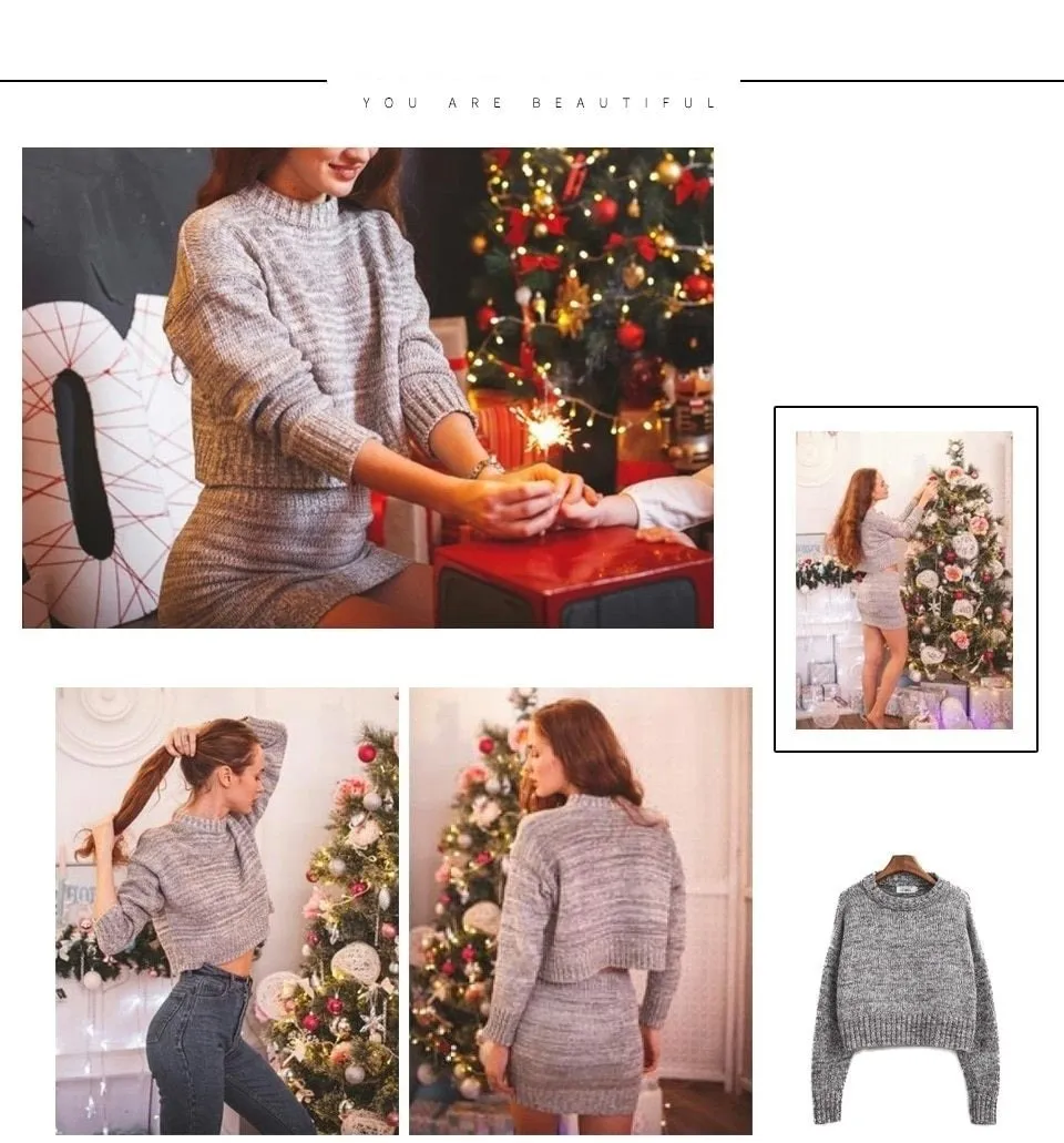 2-Piece Long Sleeve Gray Casual Sweater Dress for Women Ideal for Office