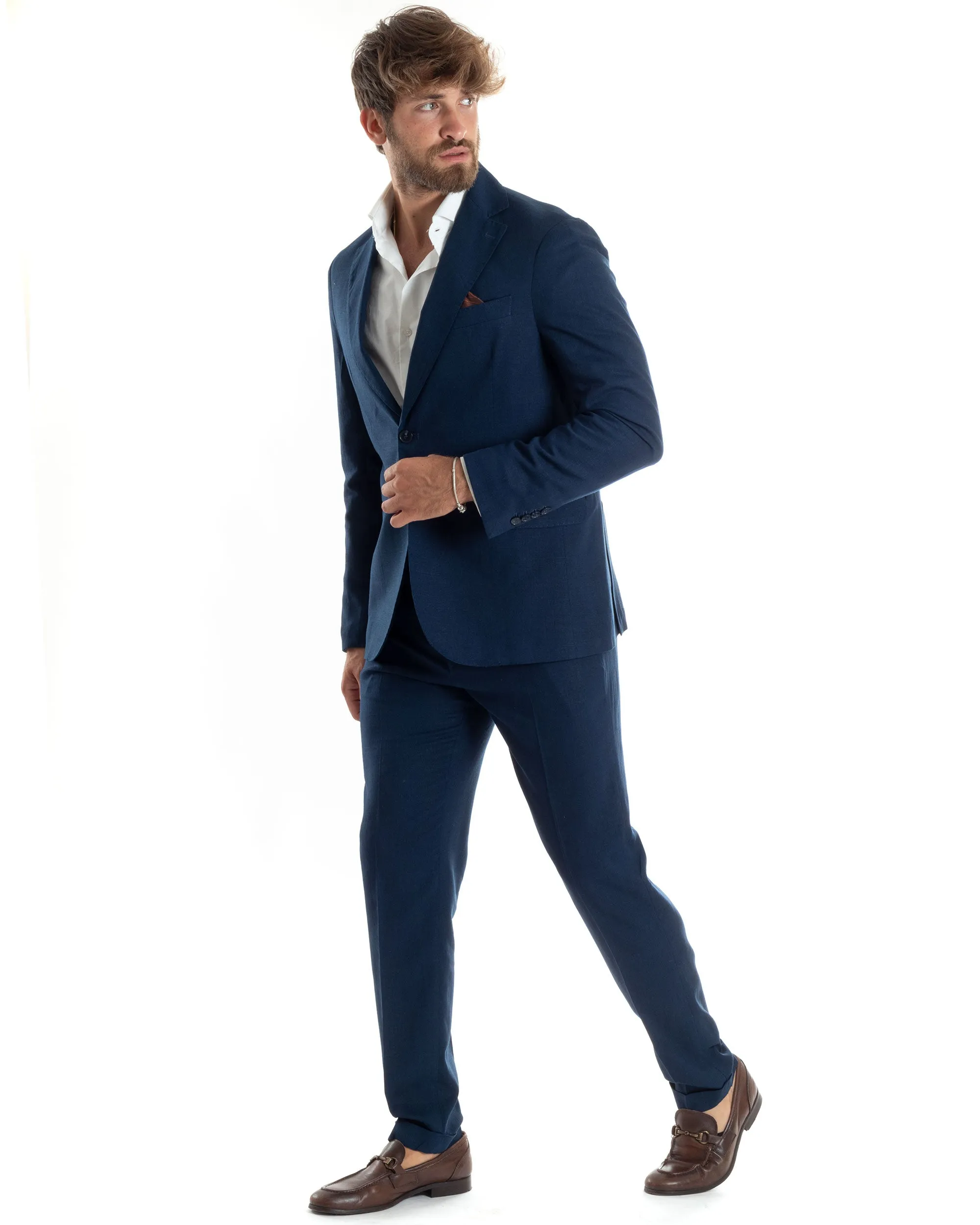 Abito Uomo Completo Lino Vestito Monopetto Sartoriale Giacca Pantaloni Casual Elegante Tinta Unita Blu GIOSAL-AE1075A