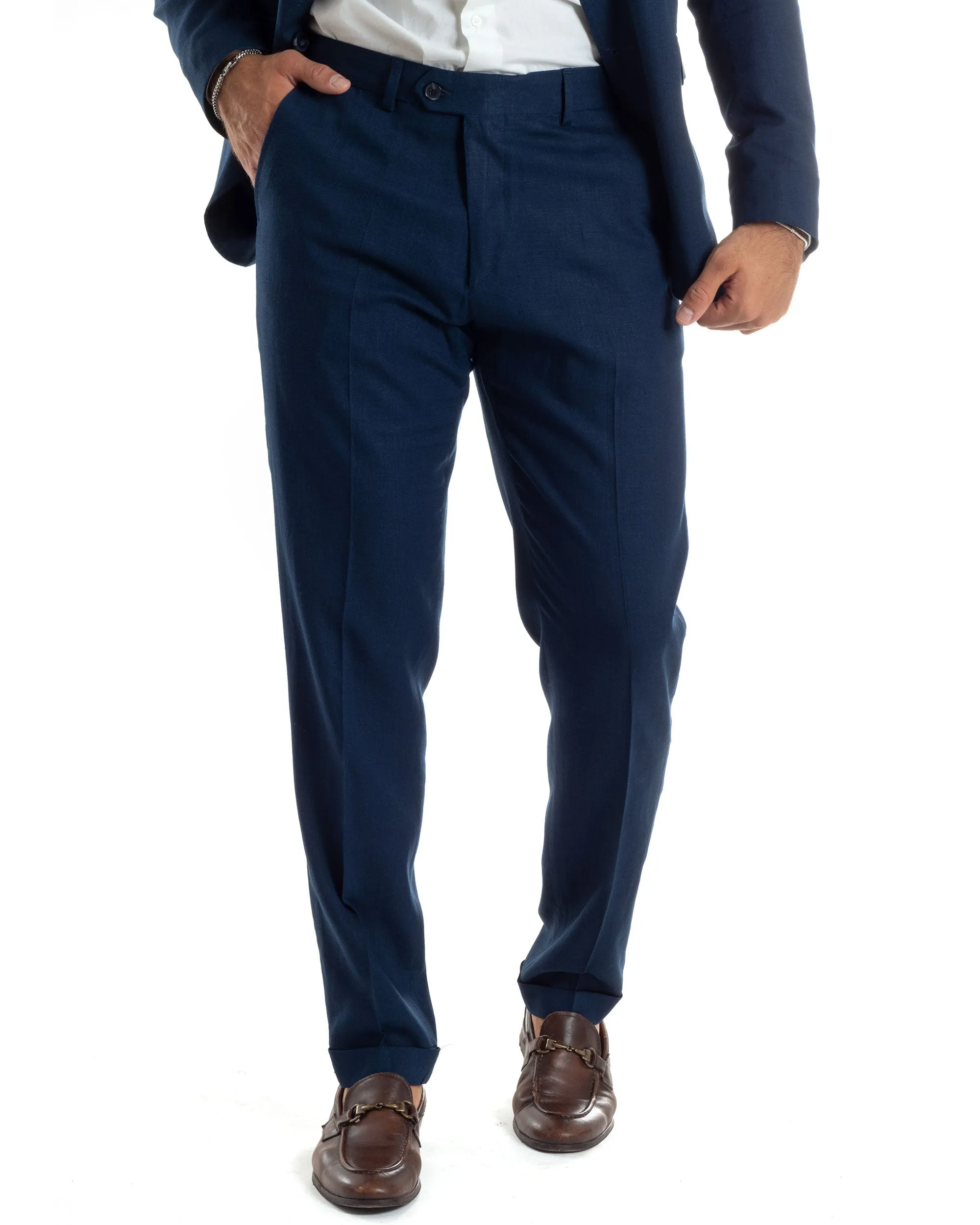 Abito Uomo Completo Lino Vestito Monopetto Sartoriale Giacca Pantaloni Casual Elegante Tinta Unita Blu GIOSAL-AE1075A