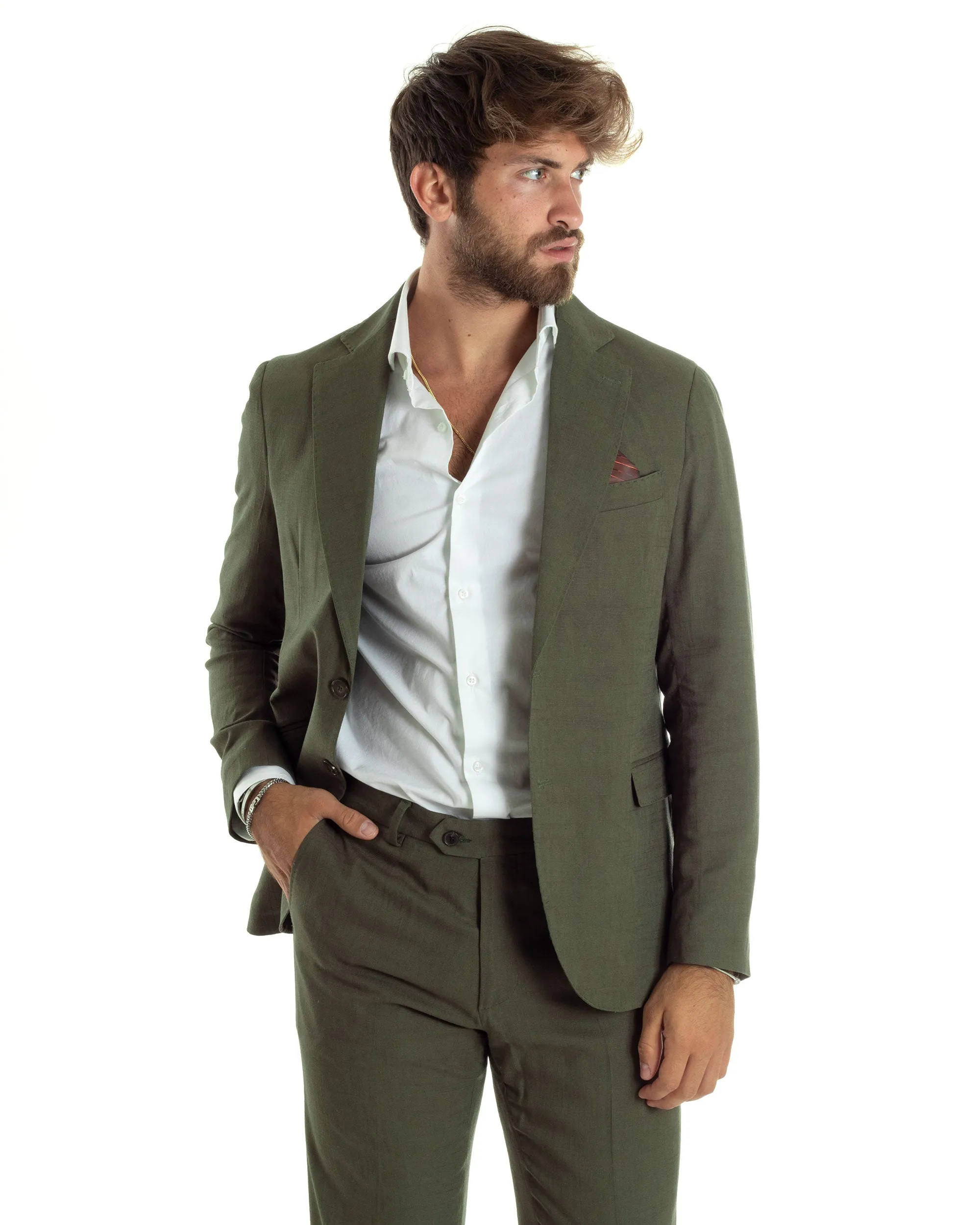 Abito Uomo Completo Lino Vestito Monopetto Sartoriale Giacca Pantaloni Casual Elegante Tinta Unita Verde GIOSAL-AE1074A