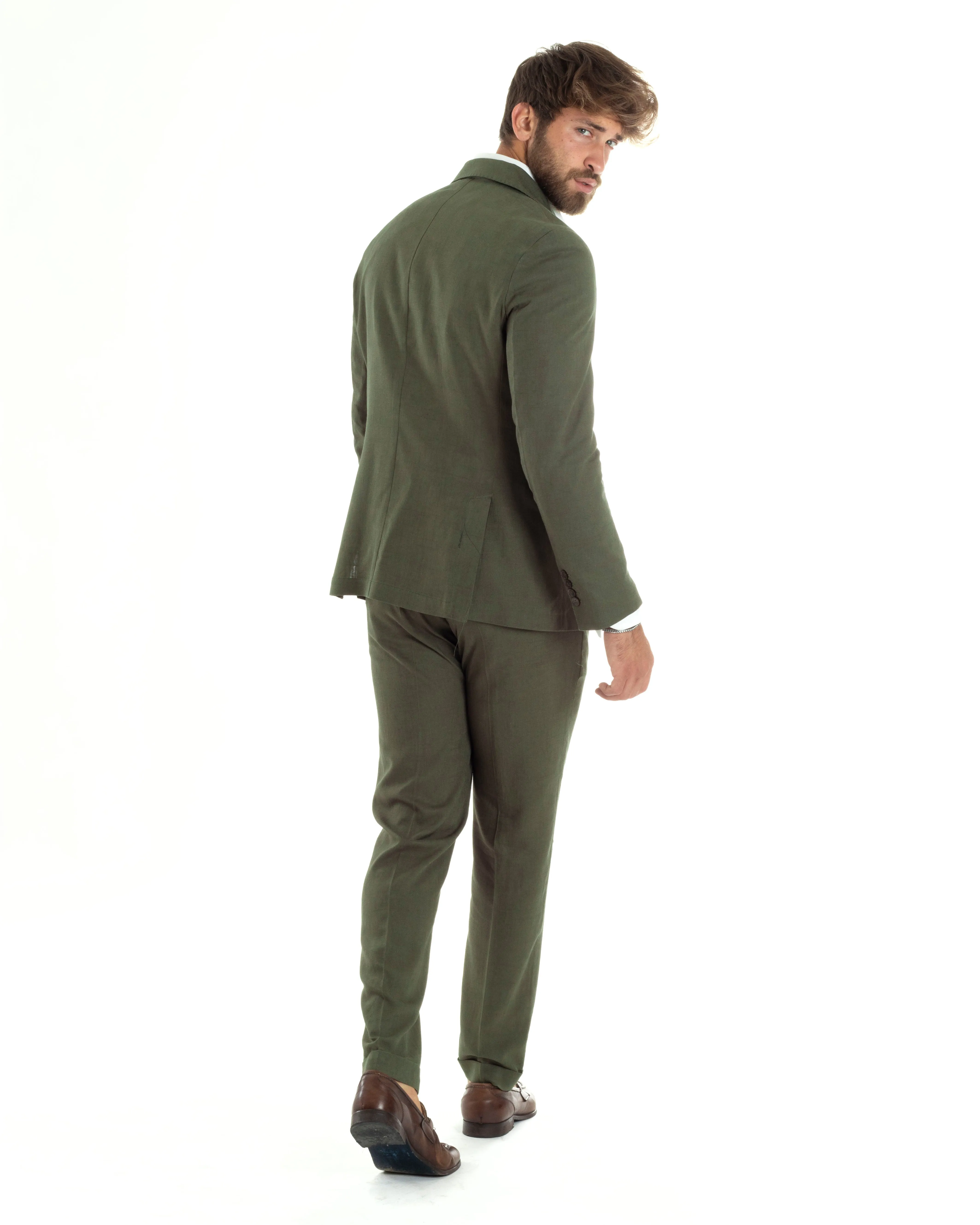 Abito Uomo Completo Lino Vestito Monopetto Sartoriale Giacca Pantaloni Casual Elegante Tinta Unita Verde GIOSAL-AE1074A