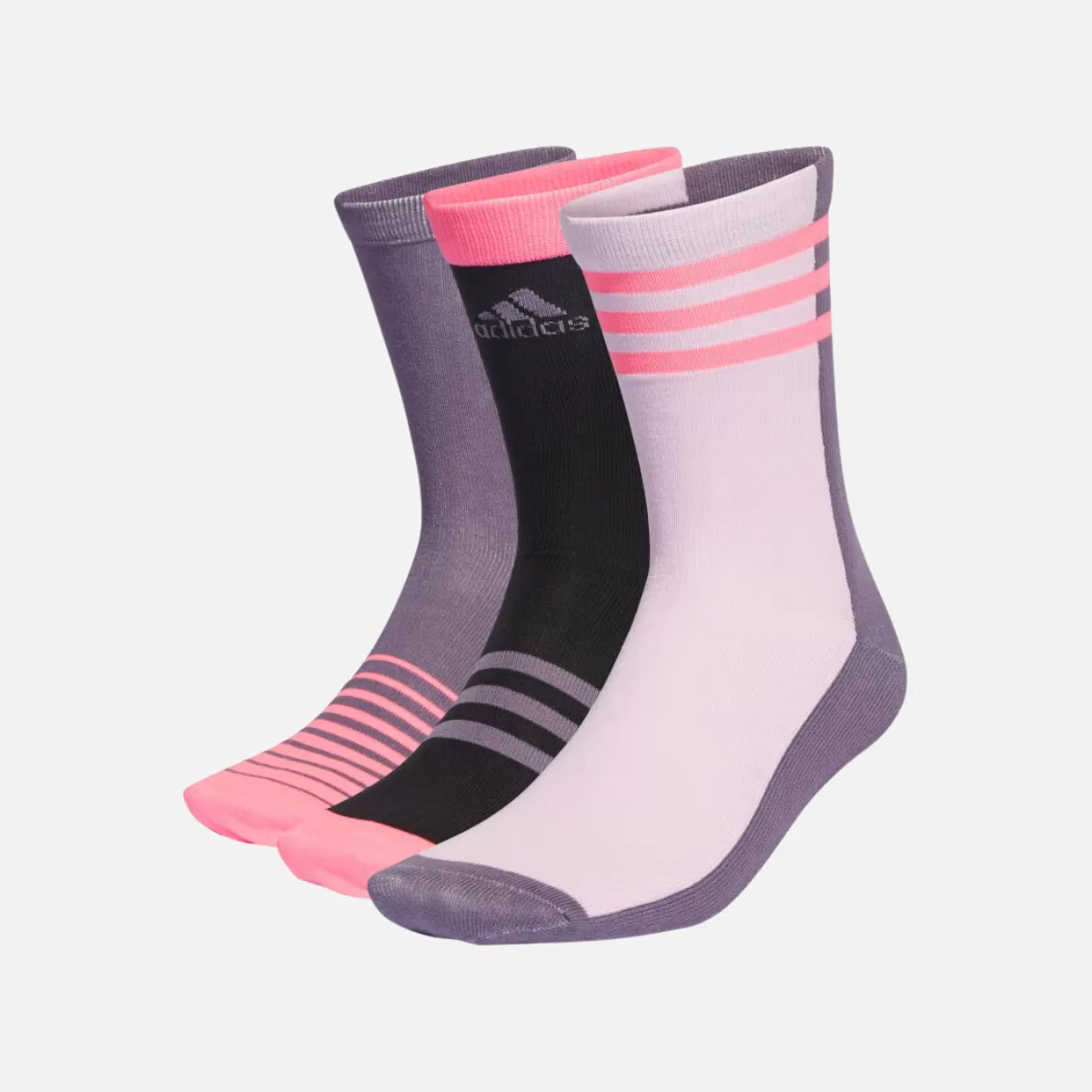 Adidas International Girls Day Kids Girl Crew Socks 3 Pairs -Black/Shadow Violet F23/Halo Silver