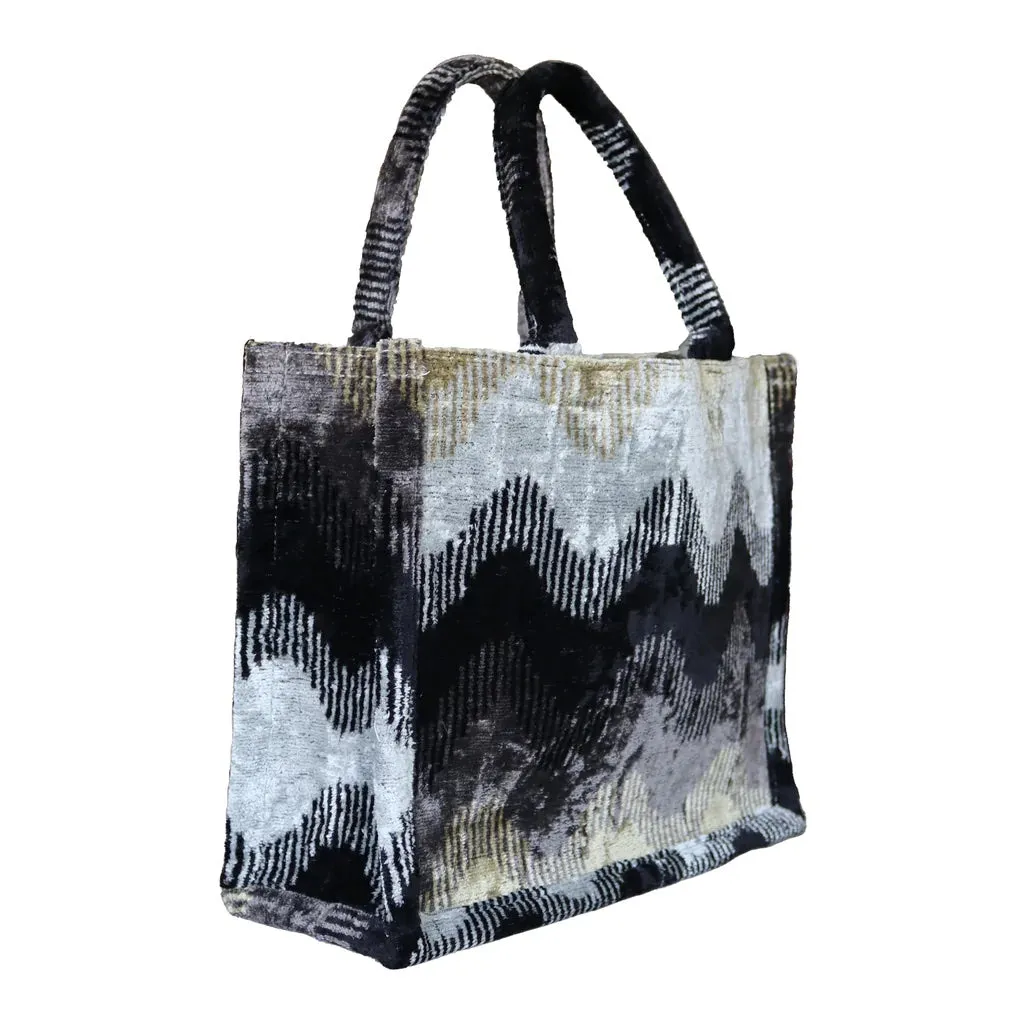 AF Silk Ikat Handbag - Tote - Black Waves