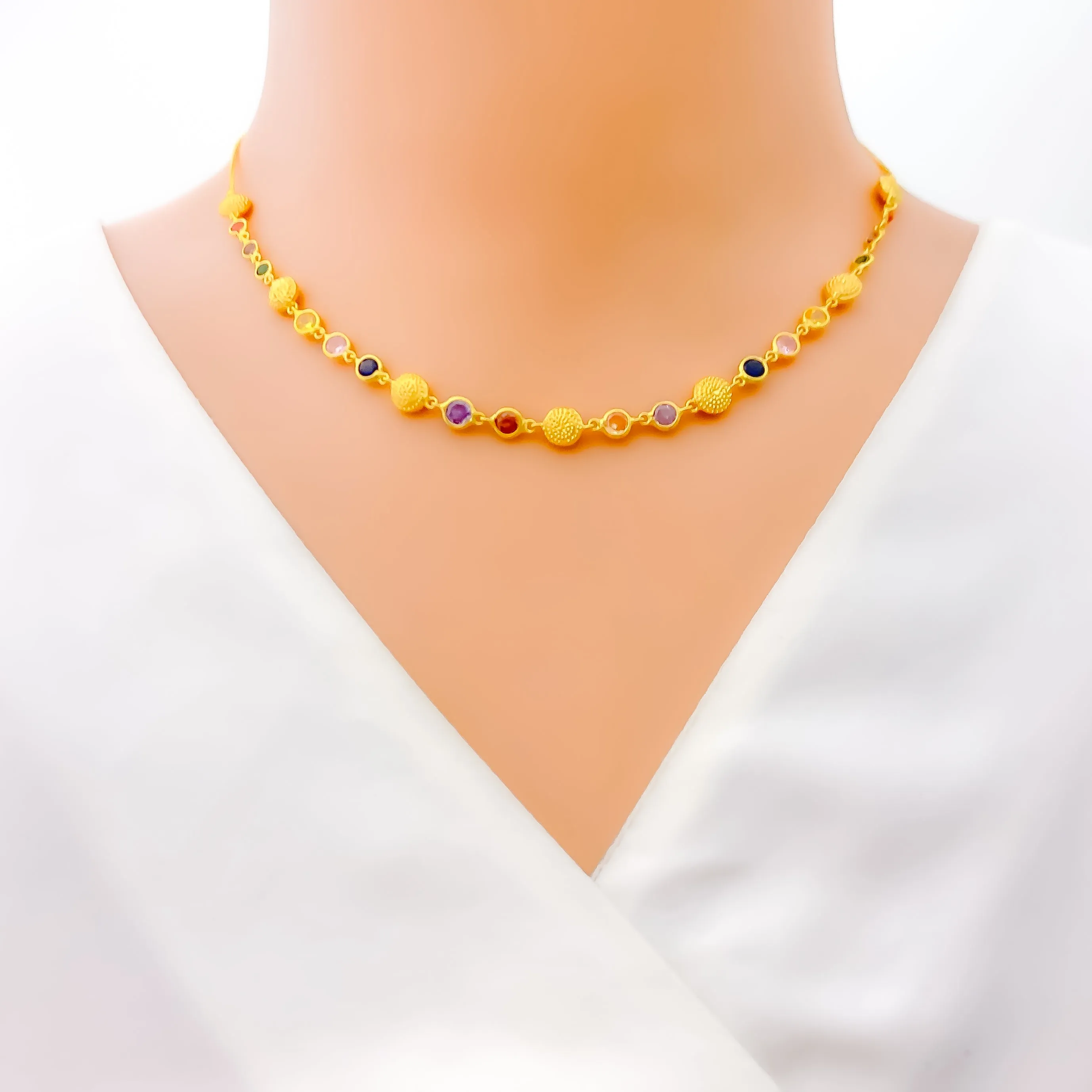 Alternating Textured 22k Gold CZ Necklace