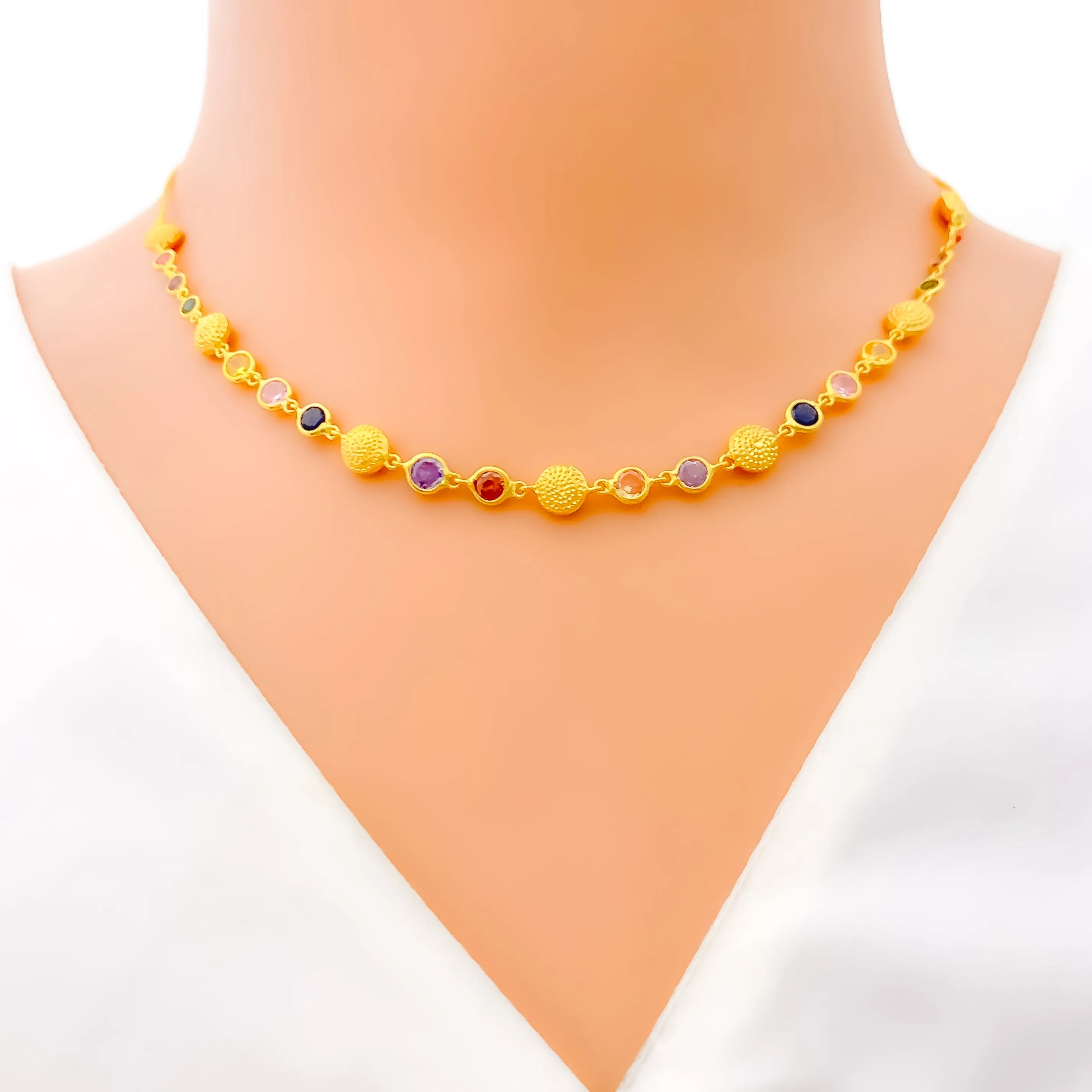 Alternating Textured 22k Gold CZ Necklace