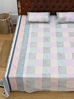 APPLIQUE PATTERN COTTON PRINTED DOUBLE BEDSHEET WITH PILLOW