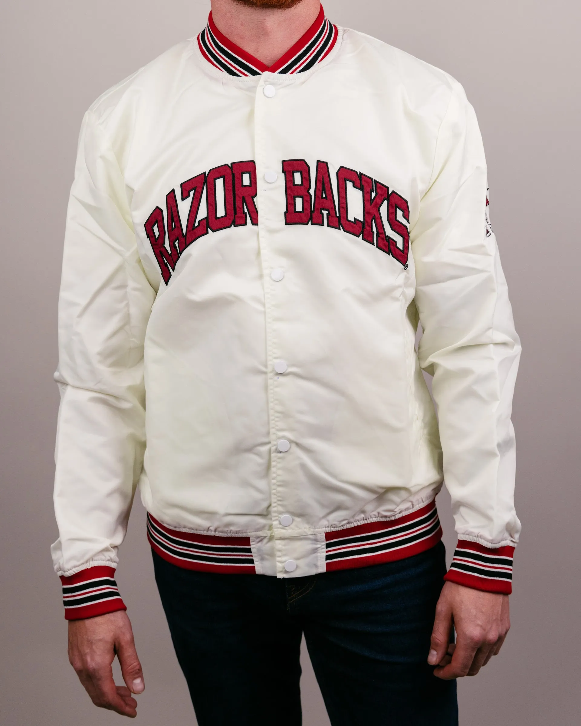 Arkansas Razorbacks Arch Vintage White Varsity Jacket