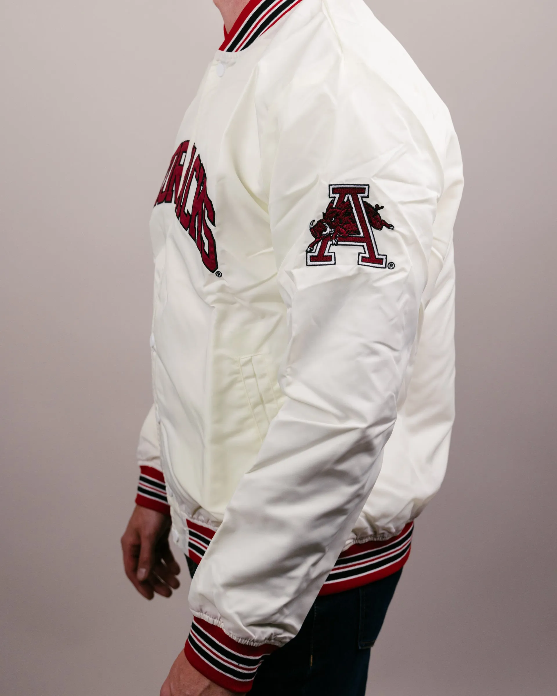 Arkansas Razorbacks Arch Vintage White Varsity Jacket