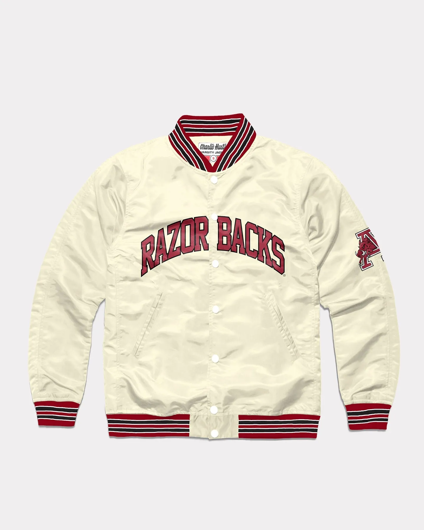 Arkansas Razorbacks Arch Vintage White Varsity Jacket