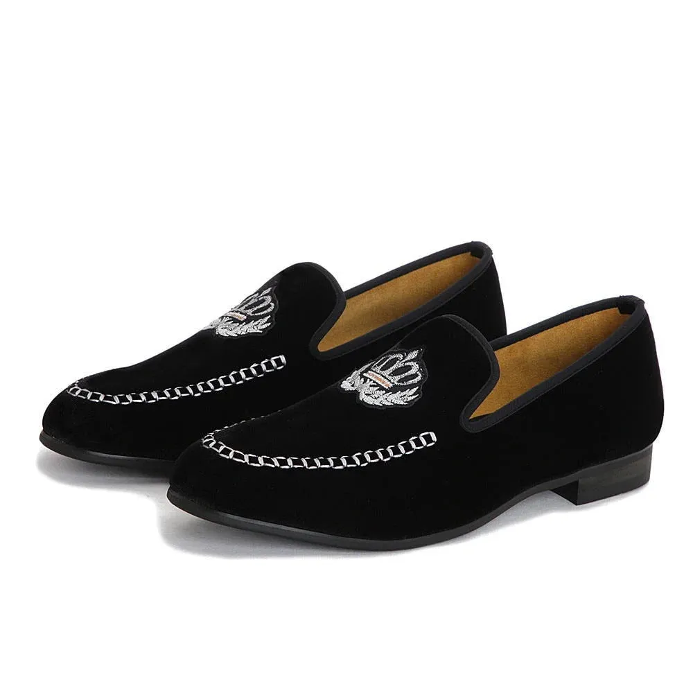 Autumn Black Solid Velvet Embroidered Casual Slip-On Loafers for Men