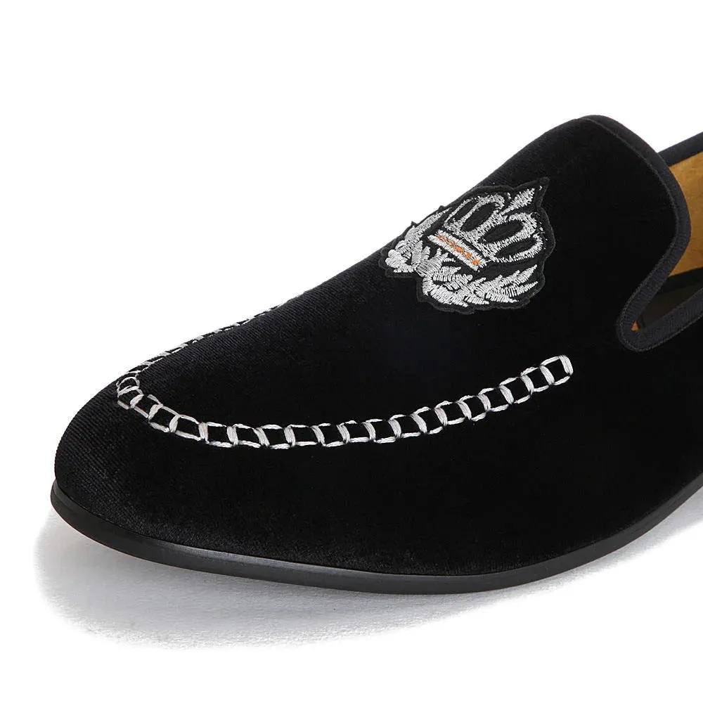 Autumn Black Solid Velvet Embroidered Casual Slip-On Loafers for Men