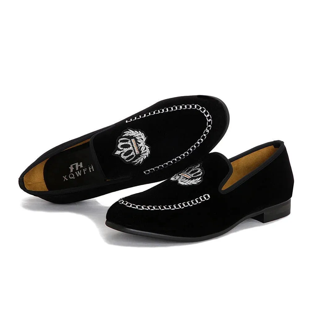 Autumn Black Solid Velvet Embroidered Casual Slip-On Loafers for Men