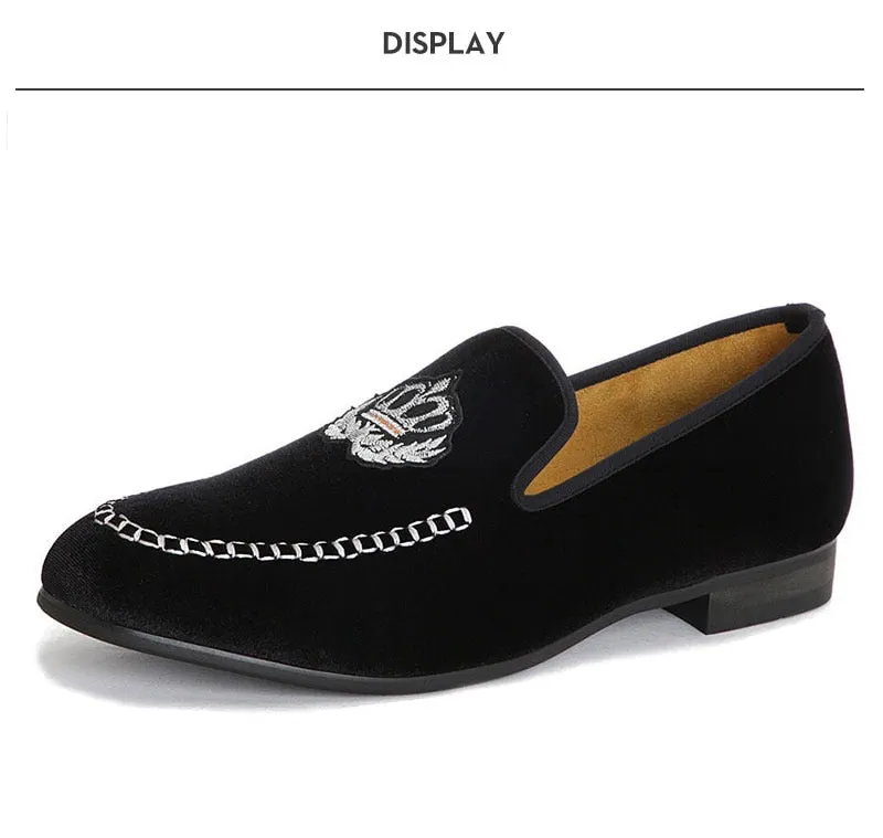 Autumn Black Solid Velvet Embroidered Casual Slip-On Loafers for Men