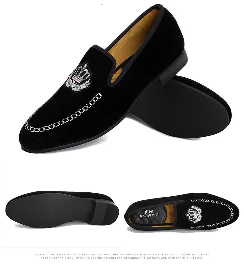 Autumn Black Solid Velvet Embroidered Casual Slip-On Loafers for Men