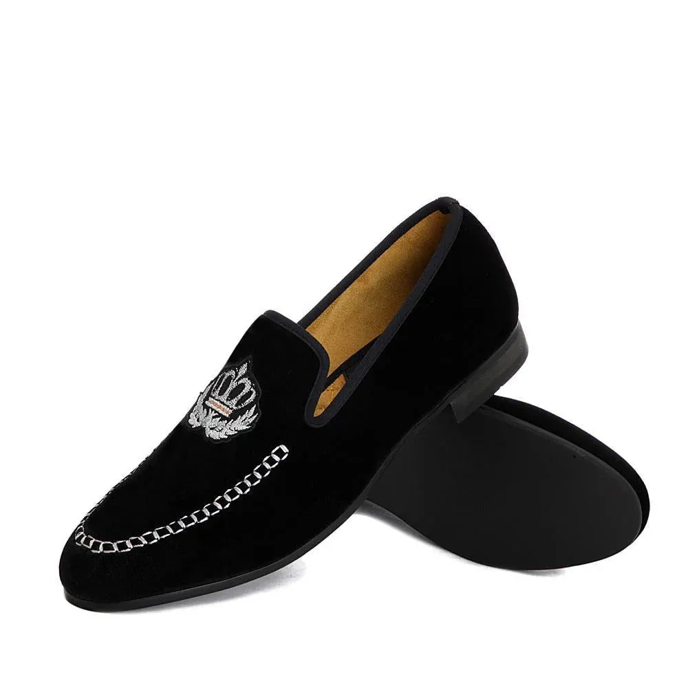 Autumn Black Solid Velvet Embroidered Casual Slip-On Loafers for Men