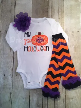 Baby 1st Halloween bodysuit or shirt - My 1st Halloween outfit bodysuit or shirt, headband and legwarmers. Monogram personalized PUMPKIN