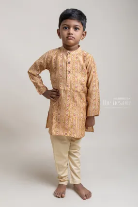 Beautiful Beige Tribal Printed Kurta And Solid Beige Pant For Boys