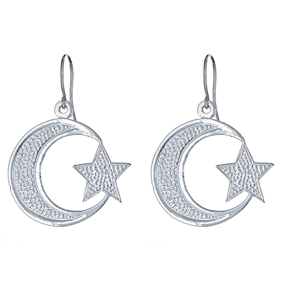 Better Jewelry Solid .925 Sterling Silver Islamic Crescent Moon & Star Earrings (Made in USA)