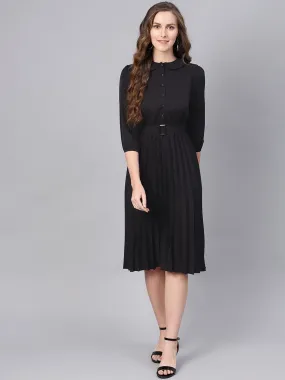 Black Peterpan Belted Pleated Midi Dress