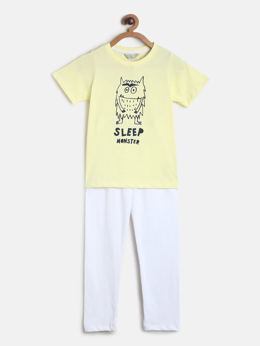 Boys/Girls Yellow & White Printed Cotton Night Suit