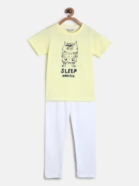 Boys/Girls Yellow & White Printed Cotton Night Suit