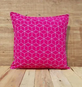 Bright pink throw pillow cover, cotton cushion, embroidered geometric pattern, bohemian, moroccan, standard size 16"X 16"