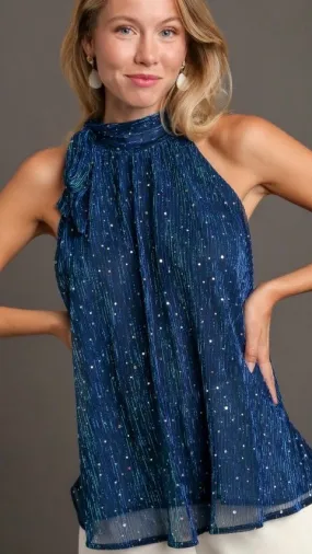 Celebration Sequin Tie Neck Top Midnight