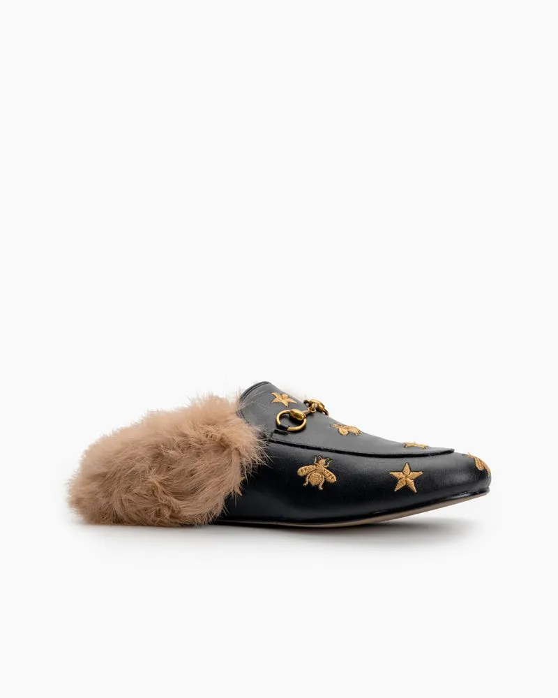 (Clean Up - US 6.5) Bee Star Embroidered Furry Fur Slip on Mules