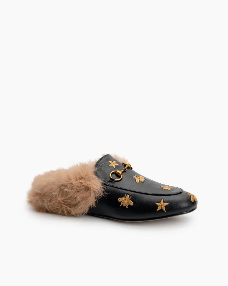 (Clean Up - US 6.5) Bee Star Embroidered Furry Fur Slip on Mules