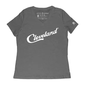 Cleveland Script - Womens Relaxed V-Neck T-Shirt - Heather Grey