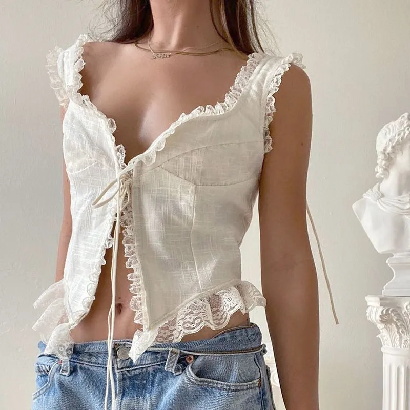 Cotton Linen Lace Sleeveless Tie Front Blouse Top With Ruffle Edge