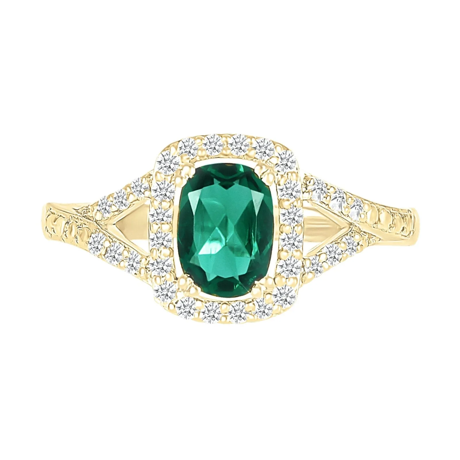 Cushion Cut Emerald Ring with White Sapphire Halo and Split Shank