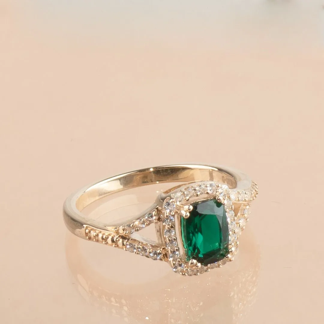 Cushion Cut Emerald Ring with White Sapphire Halo and Split Shank