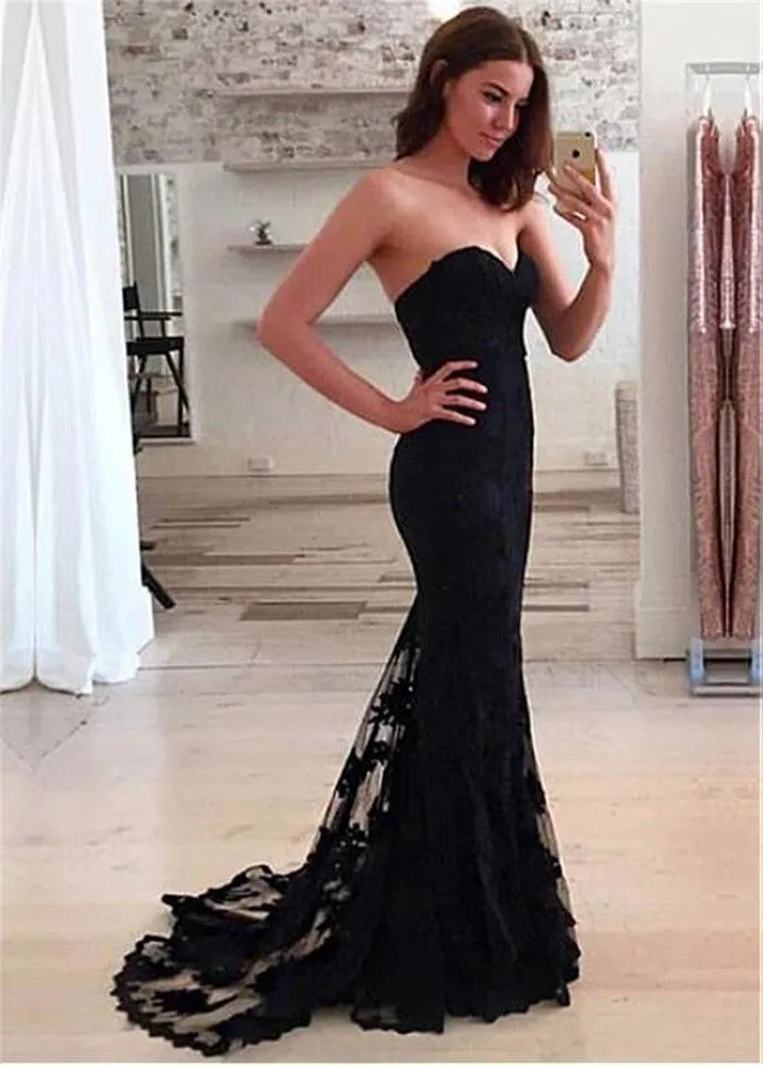 D1388,Black Mermaid Prom Dresses,Sweetheart Lace Prom Dress