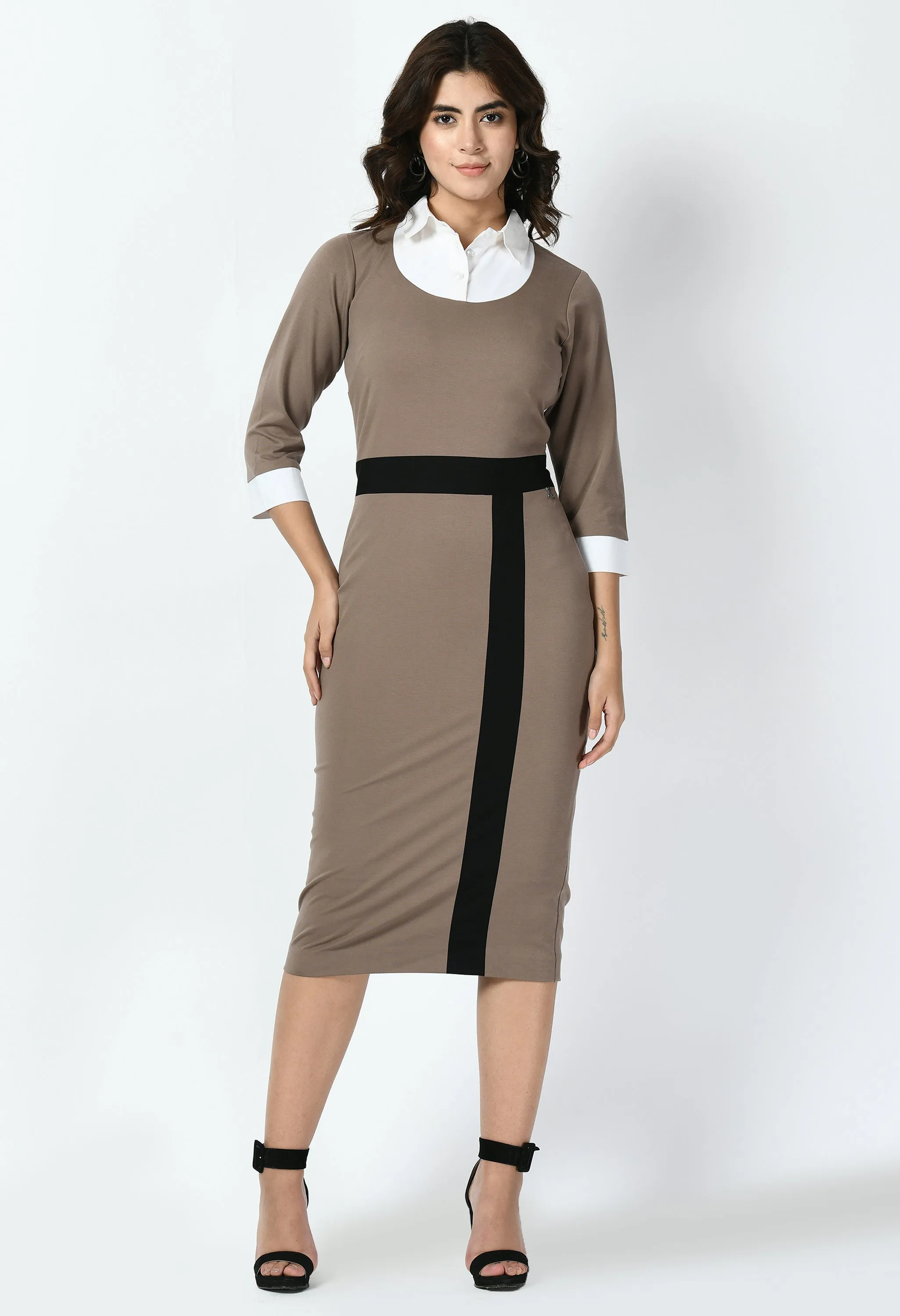 Exude Paramount Shirt Colour blocked Sheath Dress (Camel Beige)