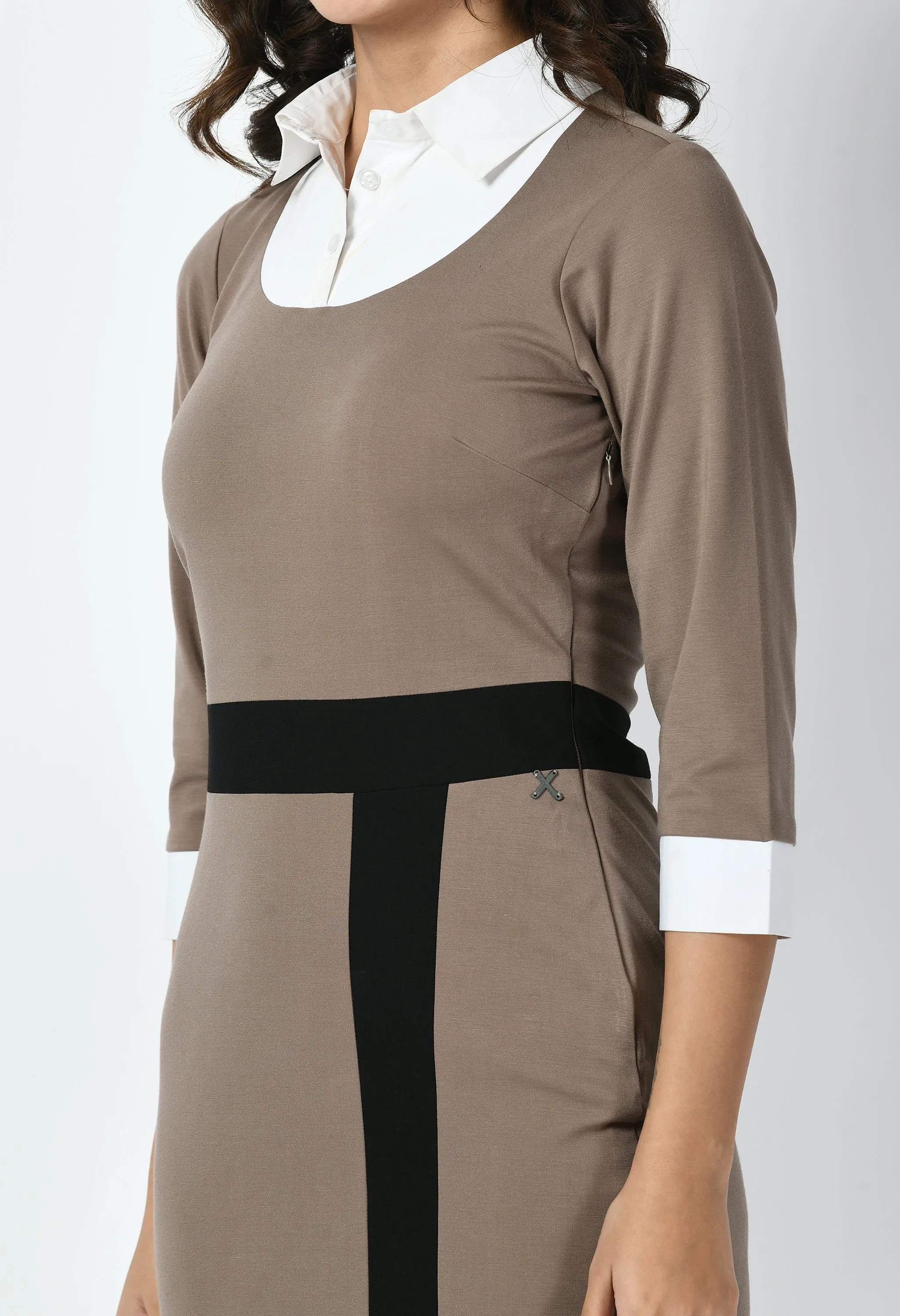 Exude Paramount Shirt Colour blocked Sheath Dress (Camel Beige)