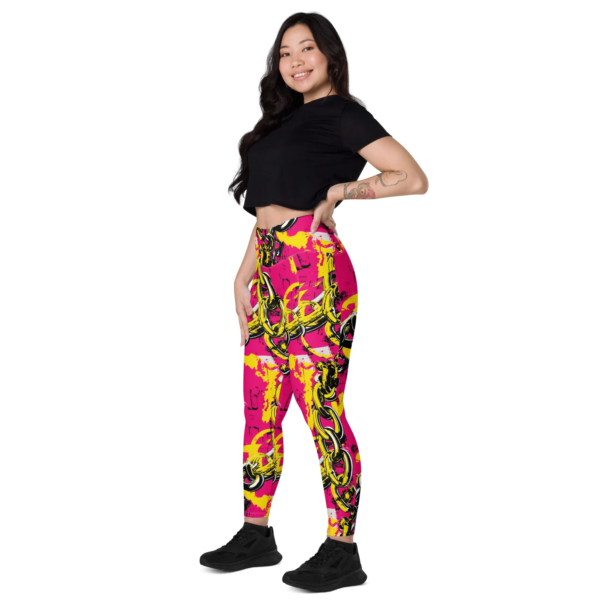 Fashionable Functionality: Women's Golden Chains 001 Mile After Mile Running Leggings with Pockets