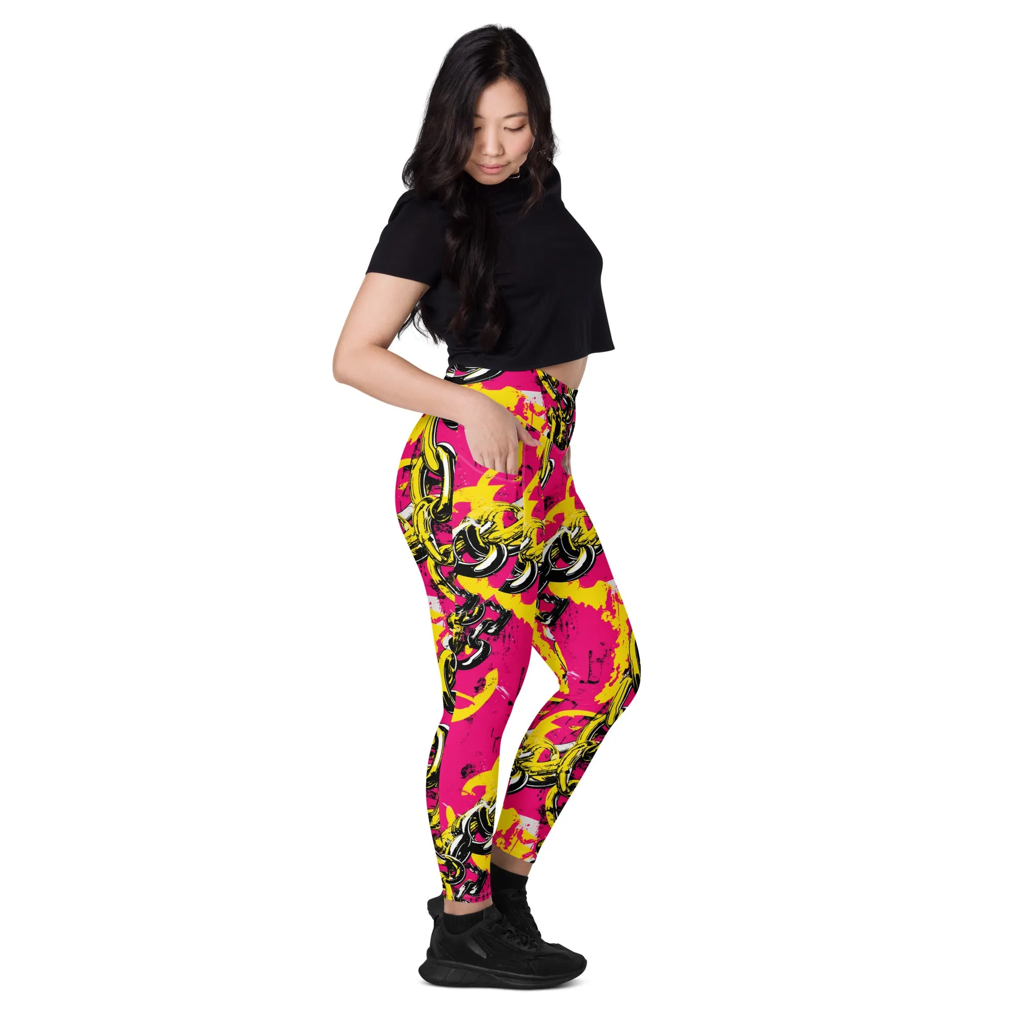 Fashionable Functionality: Women's Golden Chains 001 Mile After Mile Running Leggings with Pockets