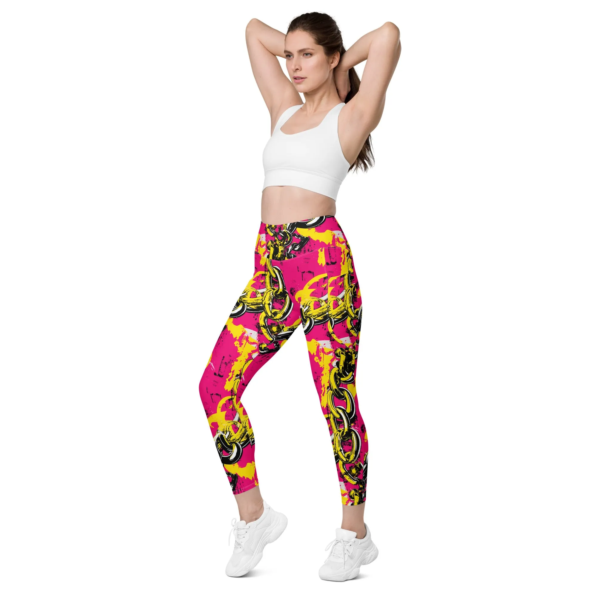 Fashionable Functionality: Women's Golden Chains 001 Mile After Mile Running Leggings with Pockets