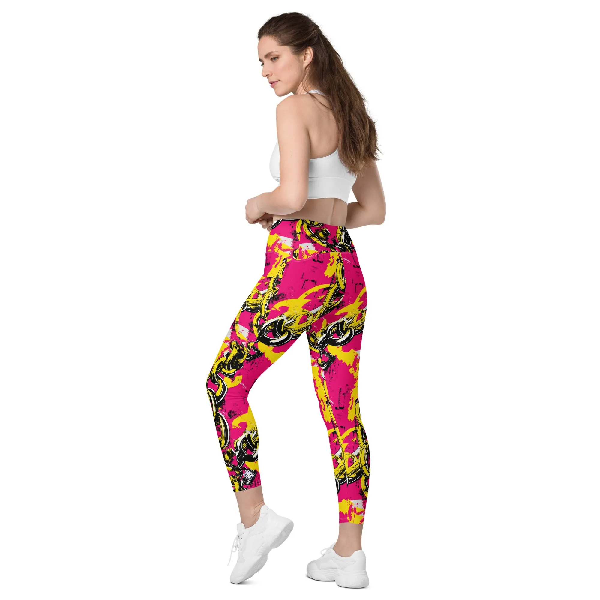 Fashionable Functionality: Women's Golden Chains 001 Mile After Mile Running Leggings with Pockets