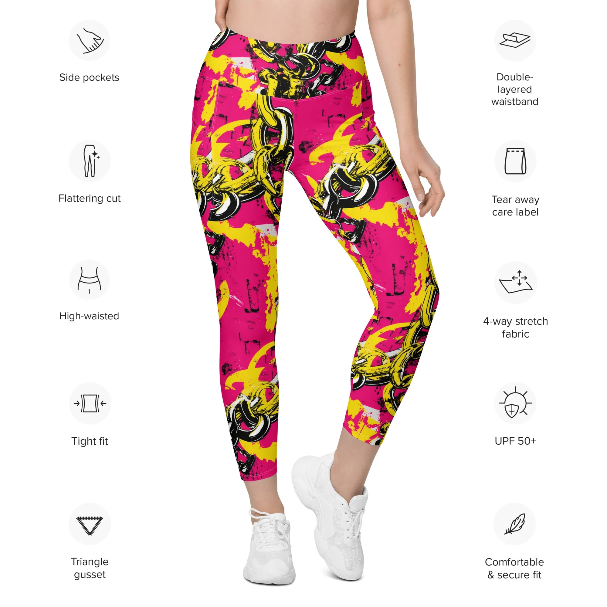 Fashionable Functionality: Women's Golden Chains 001 Mile After Mile Running Leggings with Pockets