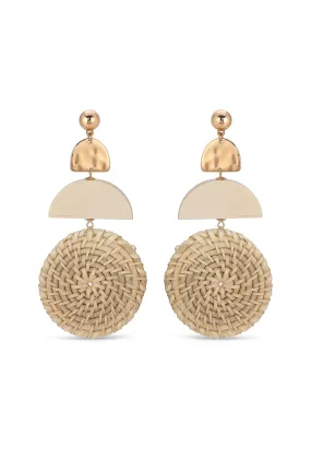 Geo Raffia and Cream Wood Drop Earrings