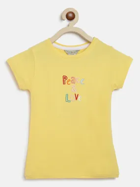 Girls Yellow Cotton Blend Embroidery T-shirt