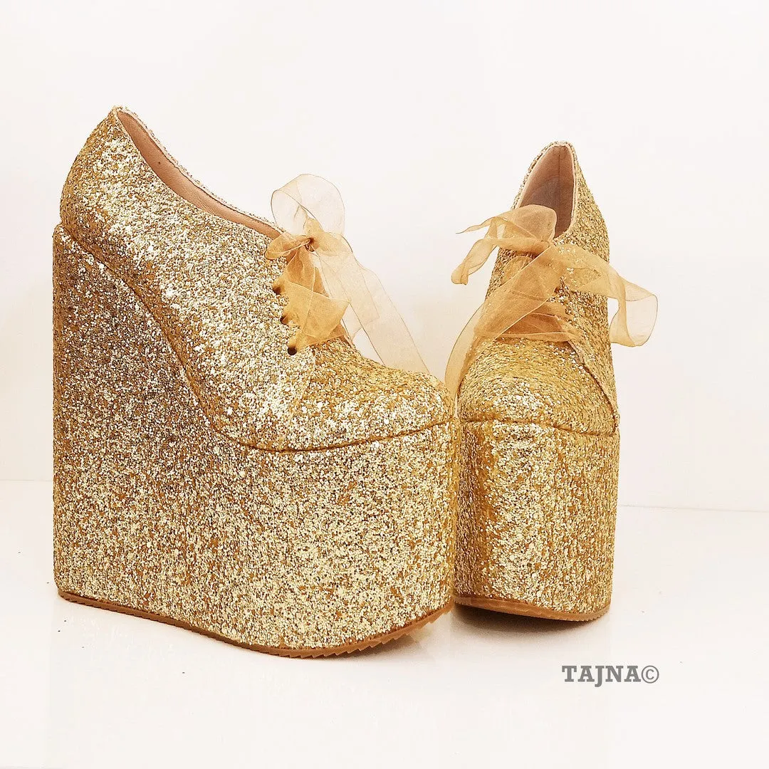 Gold Shinny Lace Up Shinny Wedge Platform Shoes